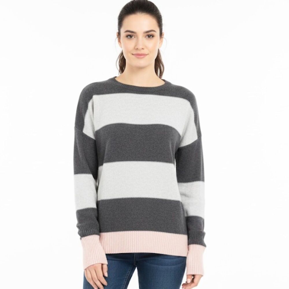 Caslon Grey Pink Rugby Striped Drop Shoulder Long Sleeve Crewneck Sweater Medium